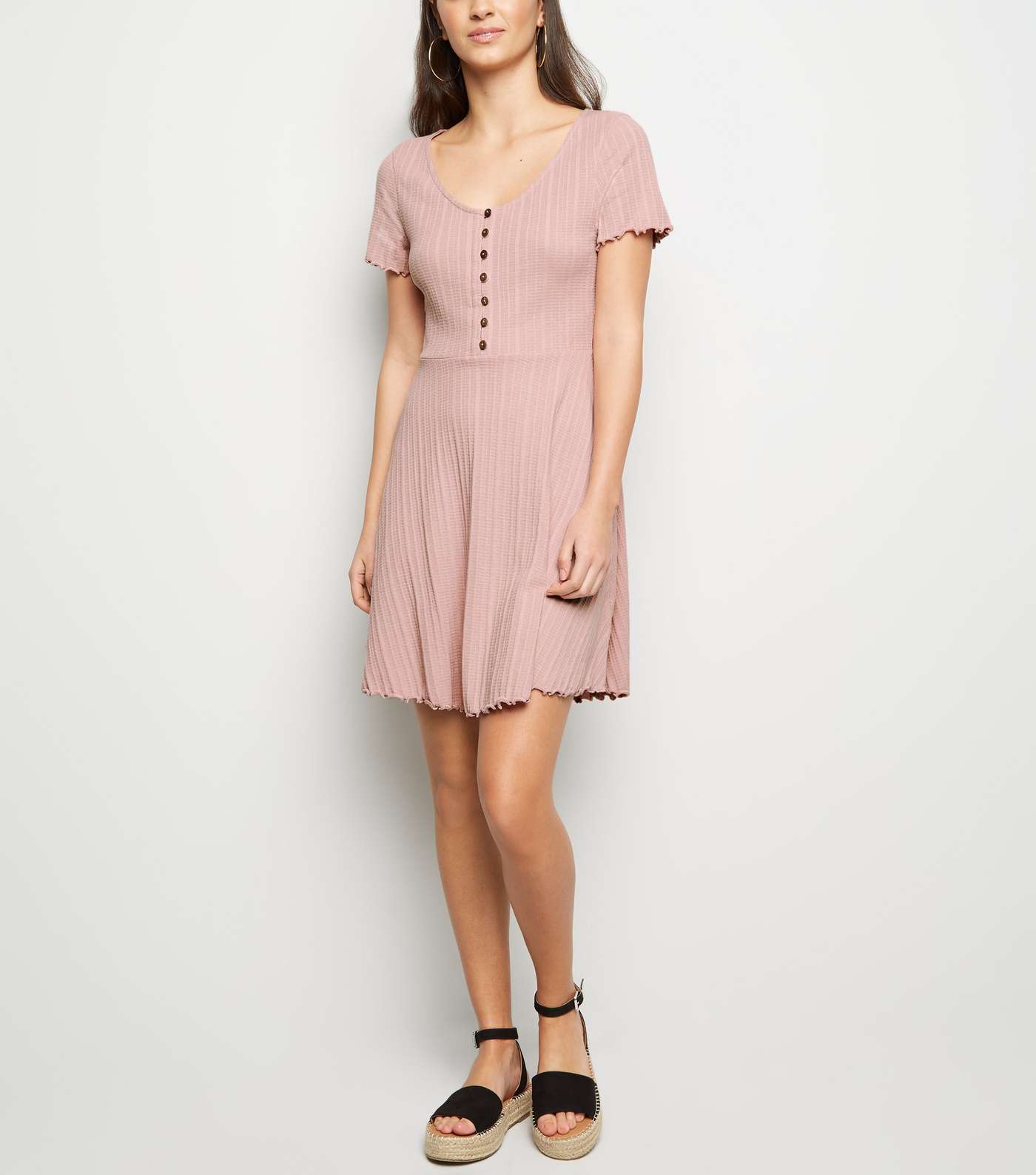 Pale Pink Ribbed Button Up Skater Dress Image 2