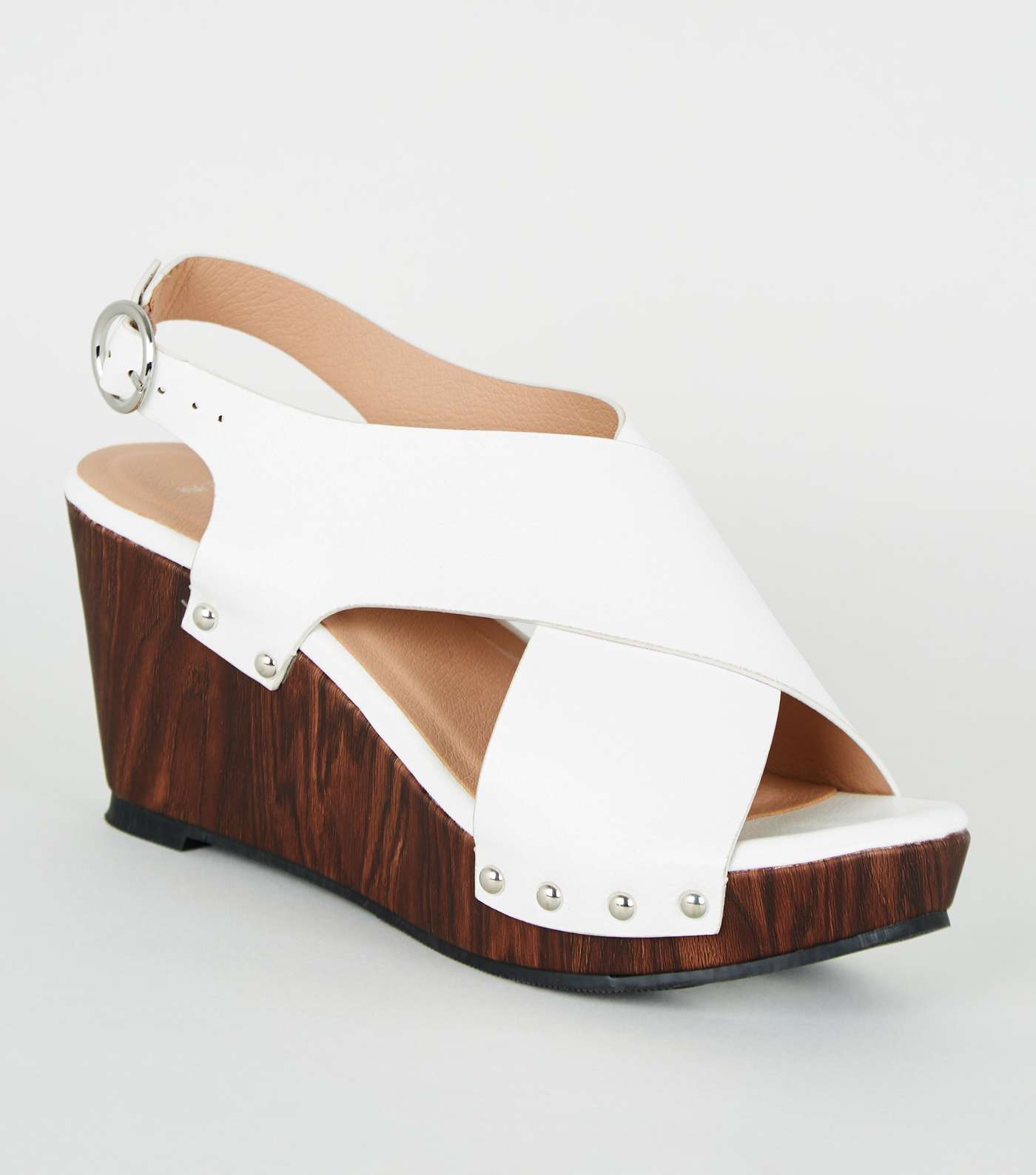 Wide Fit White Cross Strap Wood Wedges