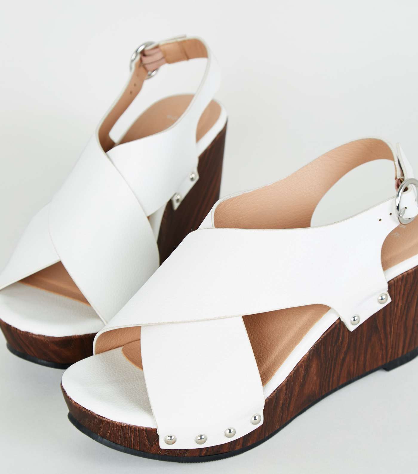 Wide Fit White Cross Strap Wood Wedges Image 3