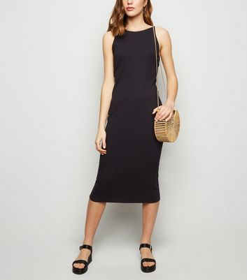 black ribbed bodycon midi dress