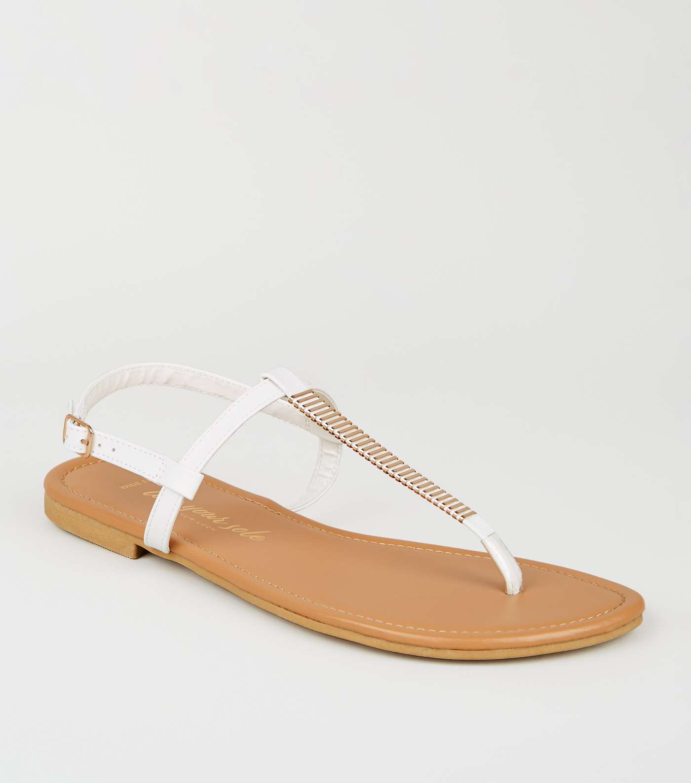 Wide Fit White Metal Strap Flat Sandals