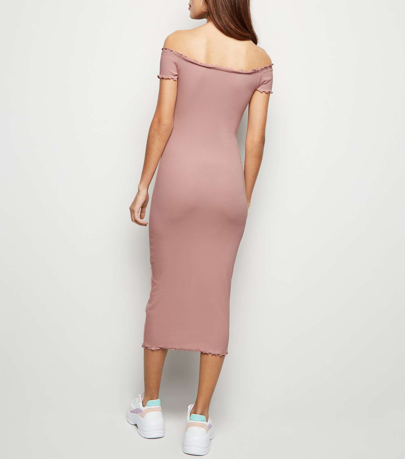 Pale Pink Frill Trim Bardot Midi Dress Image 3