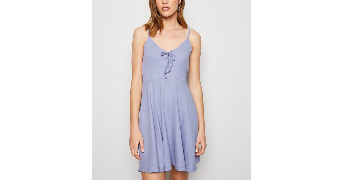 Lilac Ribbed Lace Up Skater Dress New Look