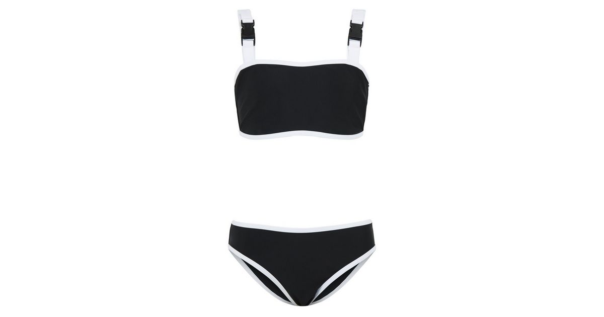 Girls Black Piped Buckle Strap Bikini Set New Look