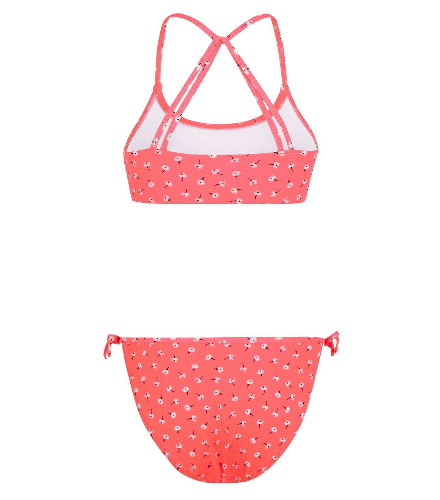 Girls Coral Neon Ditsy Floral Crinkle Bikini Set Image 2