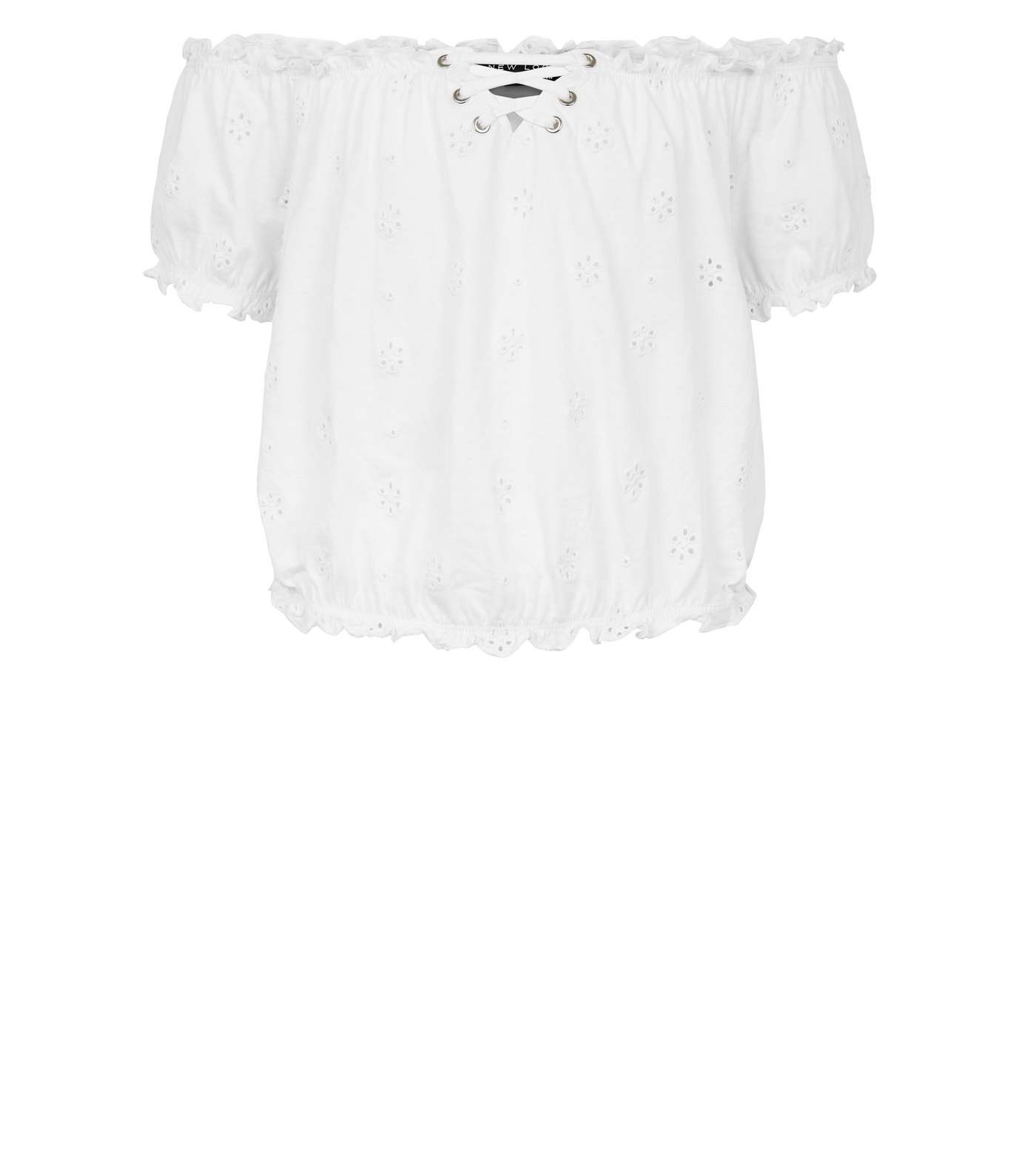 Girls White Broderie Lace Up Bardot Top Image 4