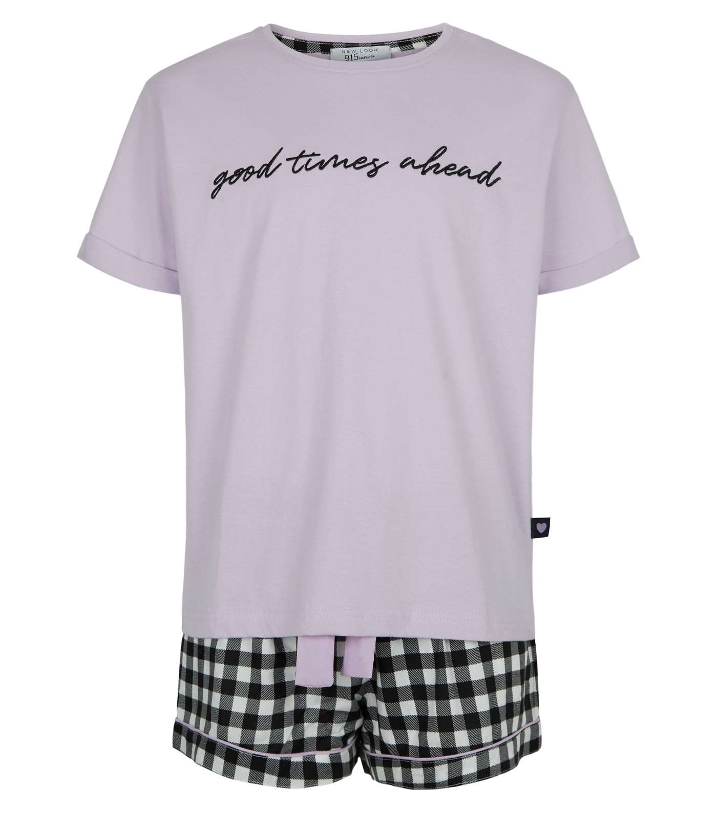 Girls Black and Lilac Gingham Short Pyjama Set Image 4