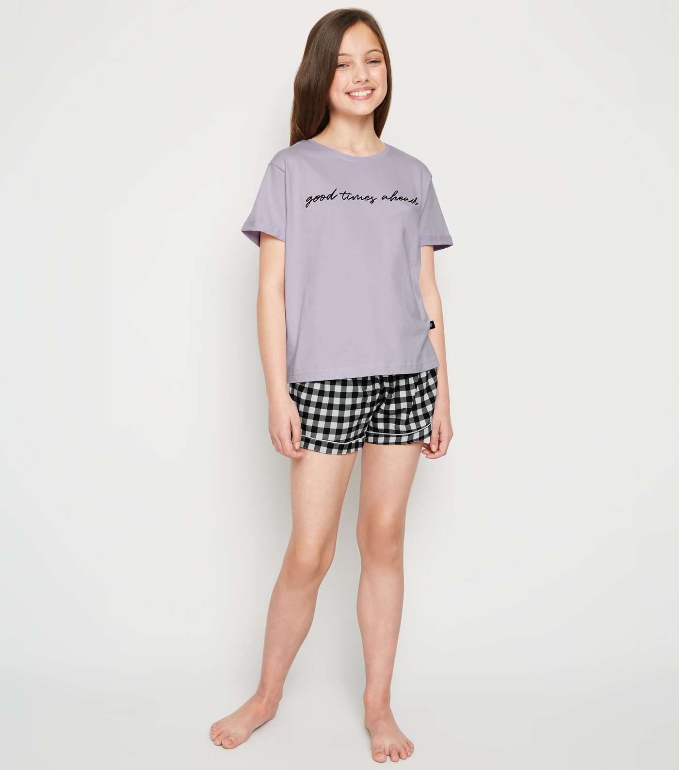 Girls Black and Lilac Gingham Short Pyjama Set Image 2
