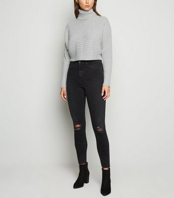 Tall Pale Grey Roll Neck Crop Jumper 