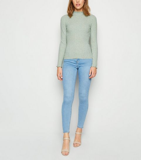 Mint Green Marl Ribbed Frill Trim Jumper