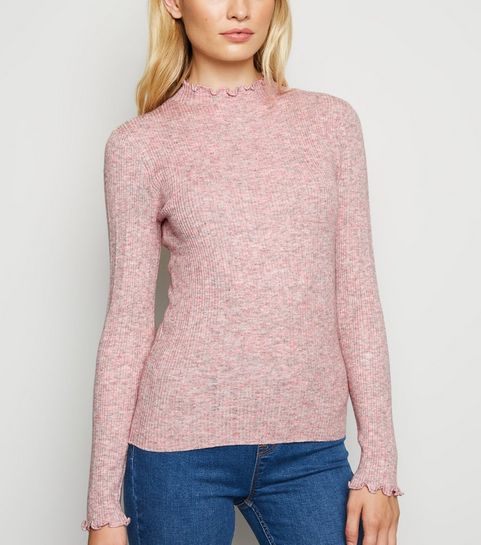 Pink Marl Ribbed Frill Trim Jumper