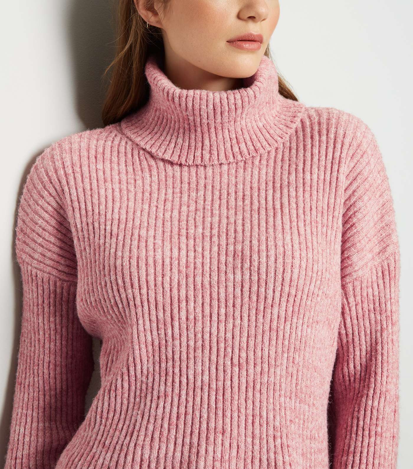 Mid Pink Ribbed Knit Roll Neck Jumper Image 5
