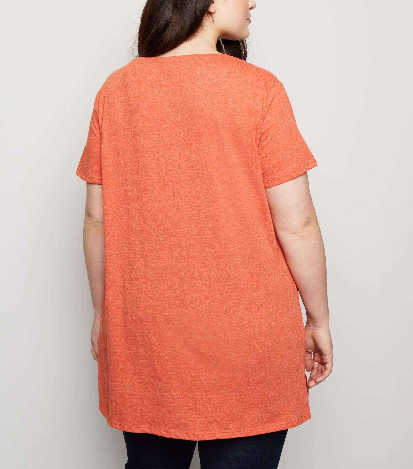 Curves Bright Orange V Neck Step Hem T-Shirt Image 3