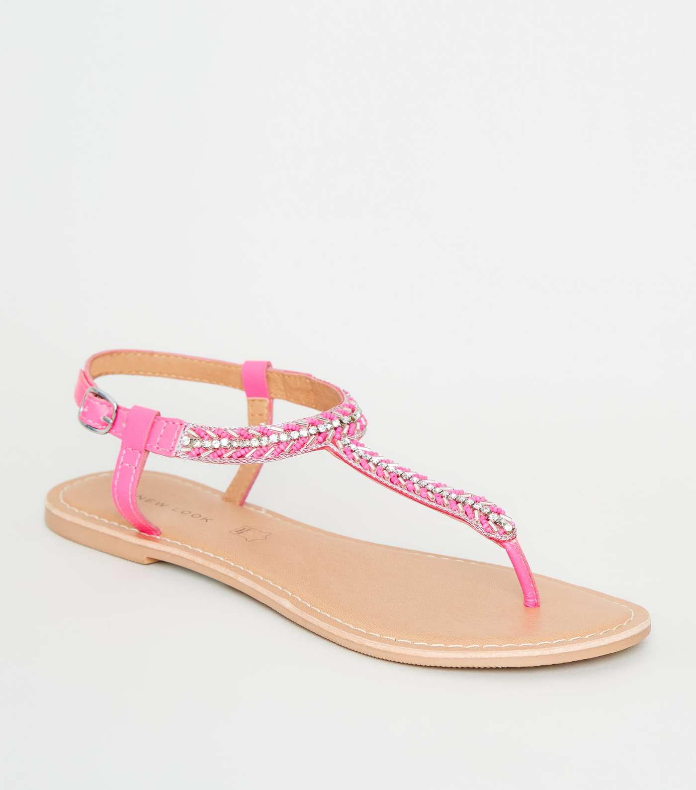 Bright Pink Leather Strap Diamanté and Bead Sandals