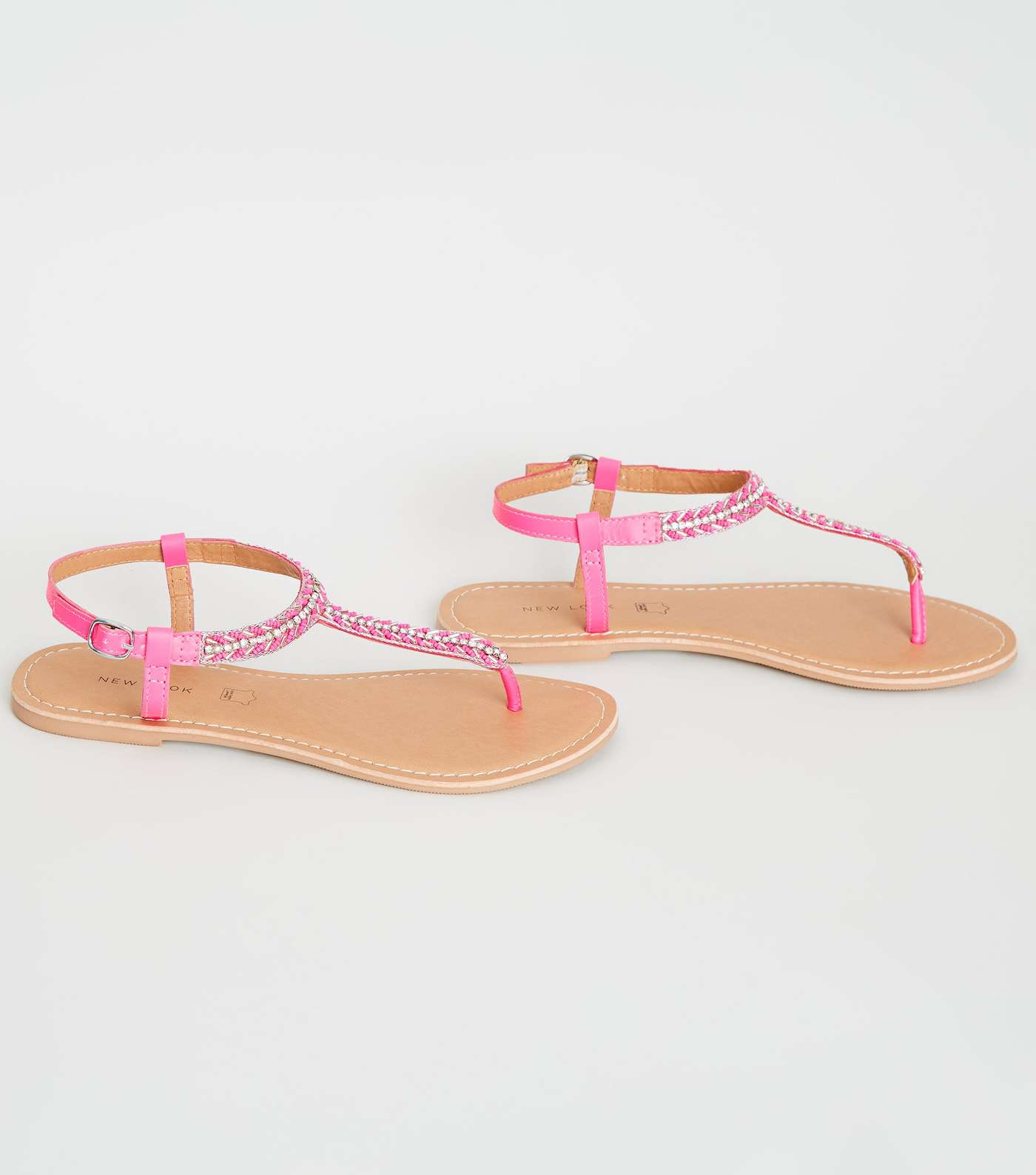 Bright Pink Leather Strap Diamanté and Bead Sandals Image 3