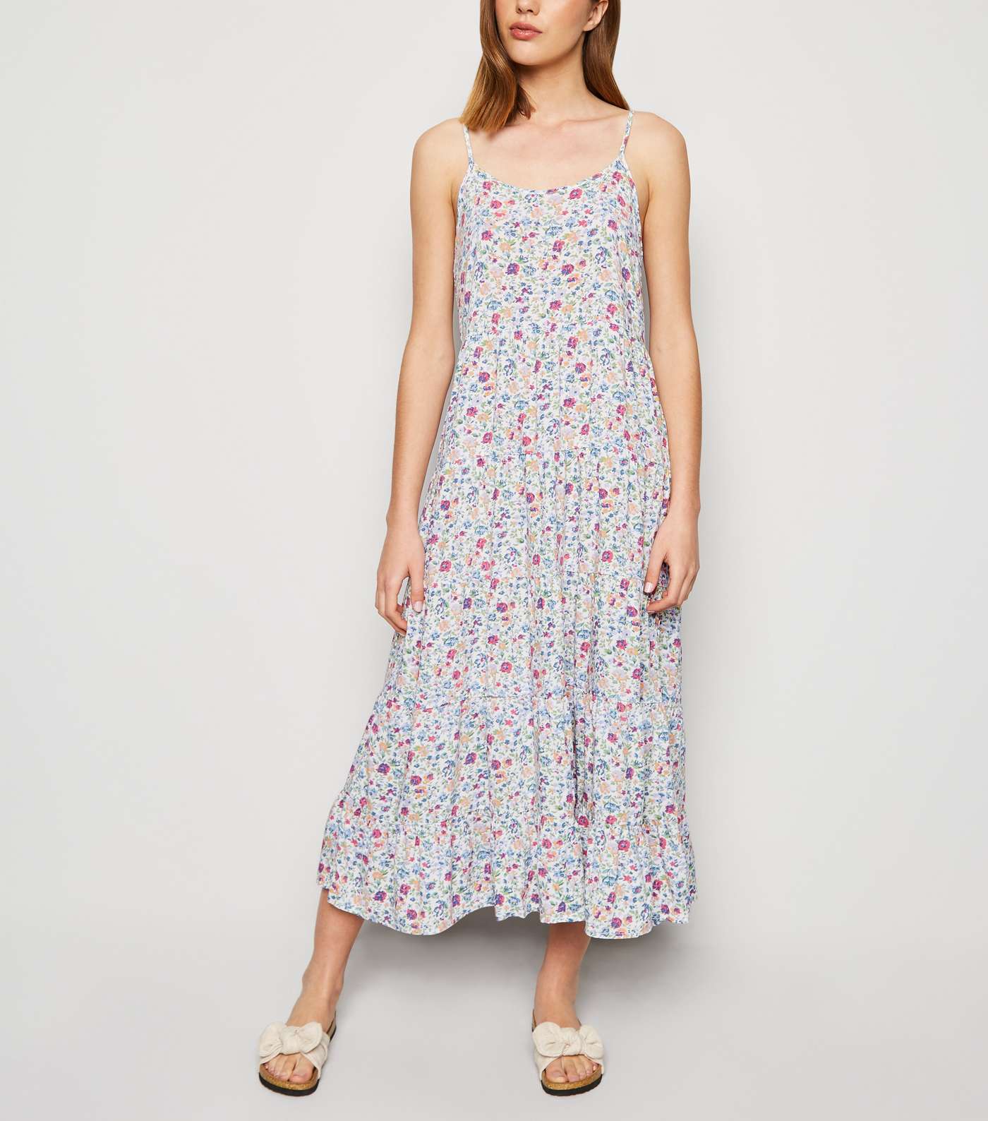 White Ditsy Floral Tiered Midi Dress