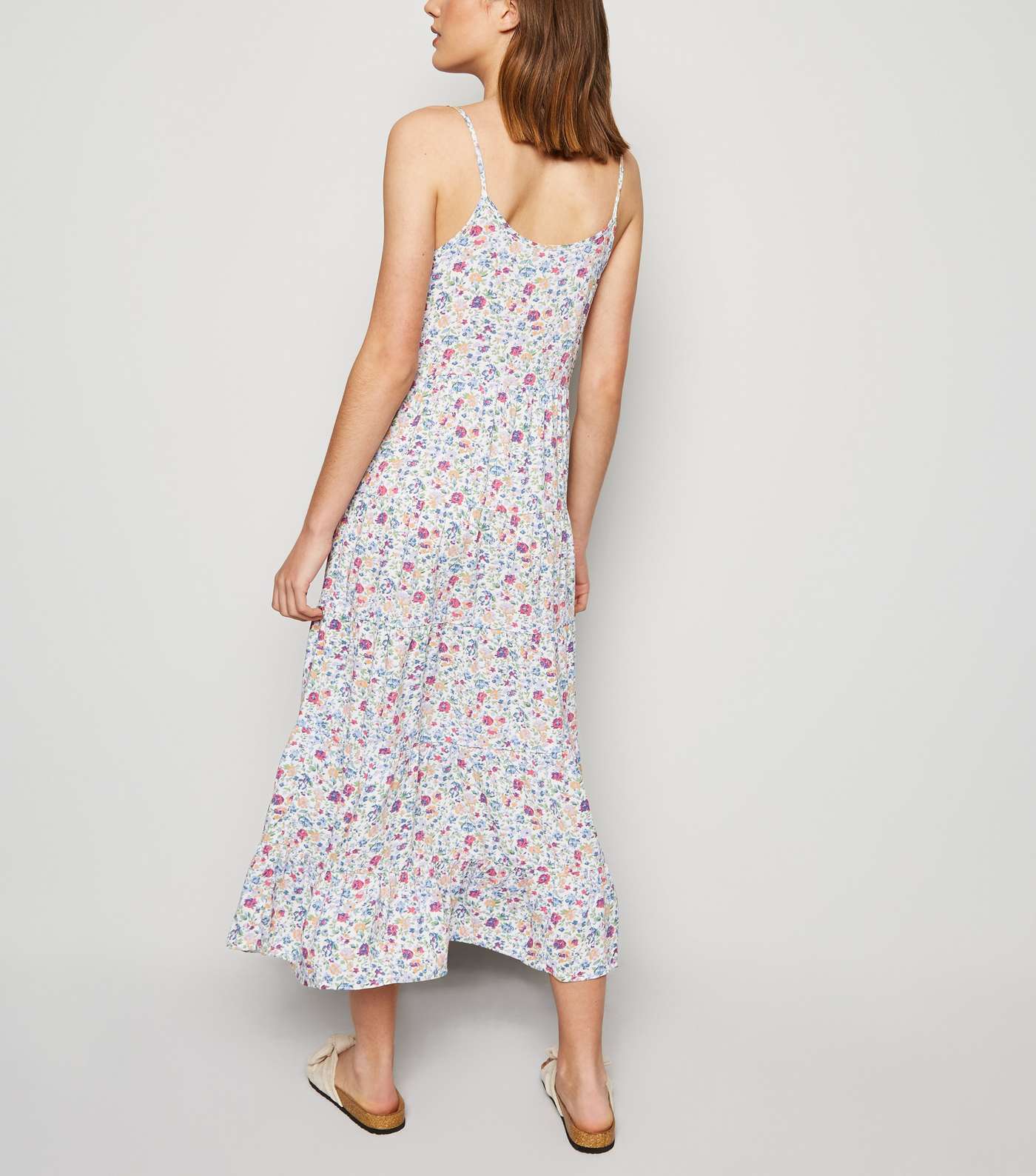White Ditsy Floral Tiered Midi Dress Image 3