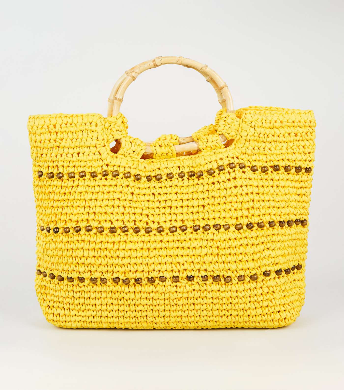 Yellow Straw Effect Beaded Shopper Bag