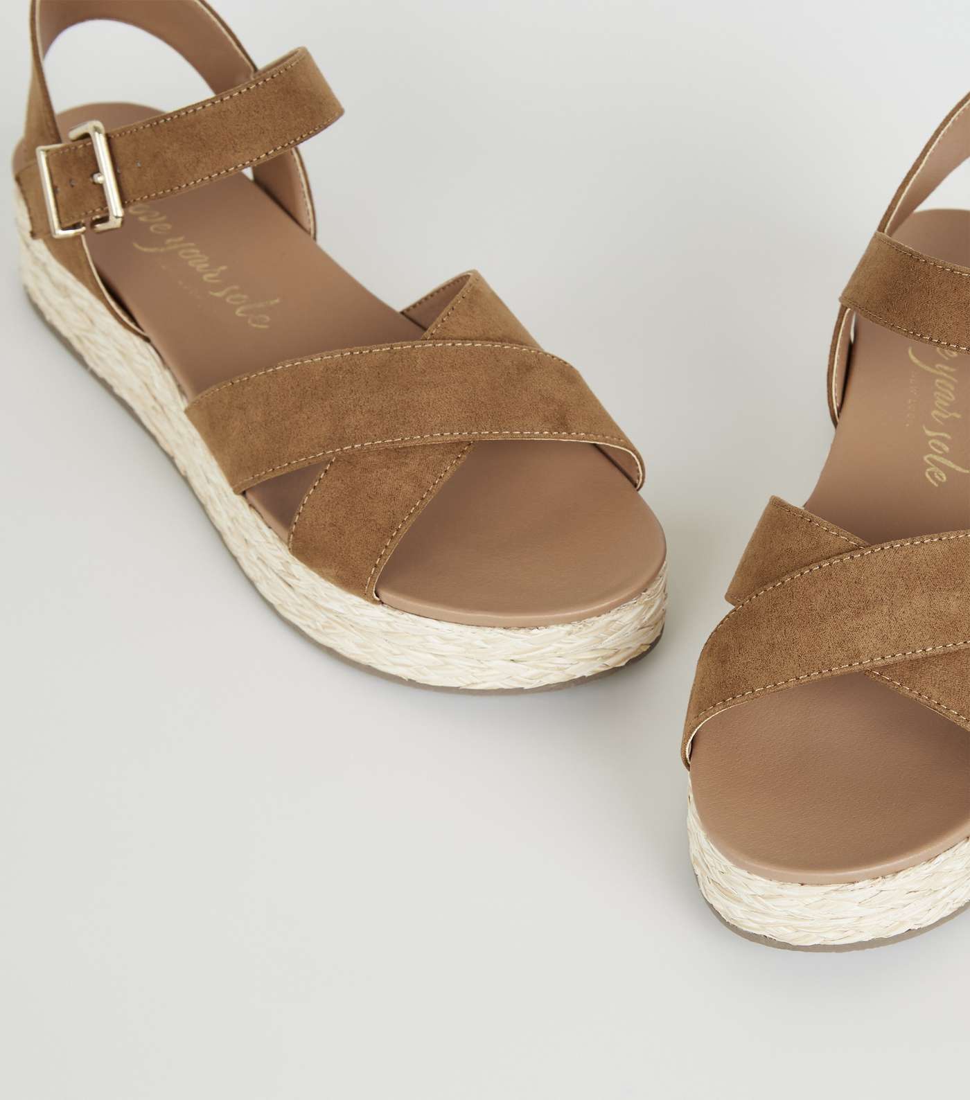 Tan Suedette Woven Raffia Flatform Sandals Image 3