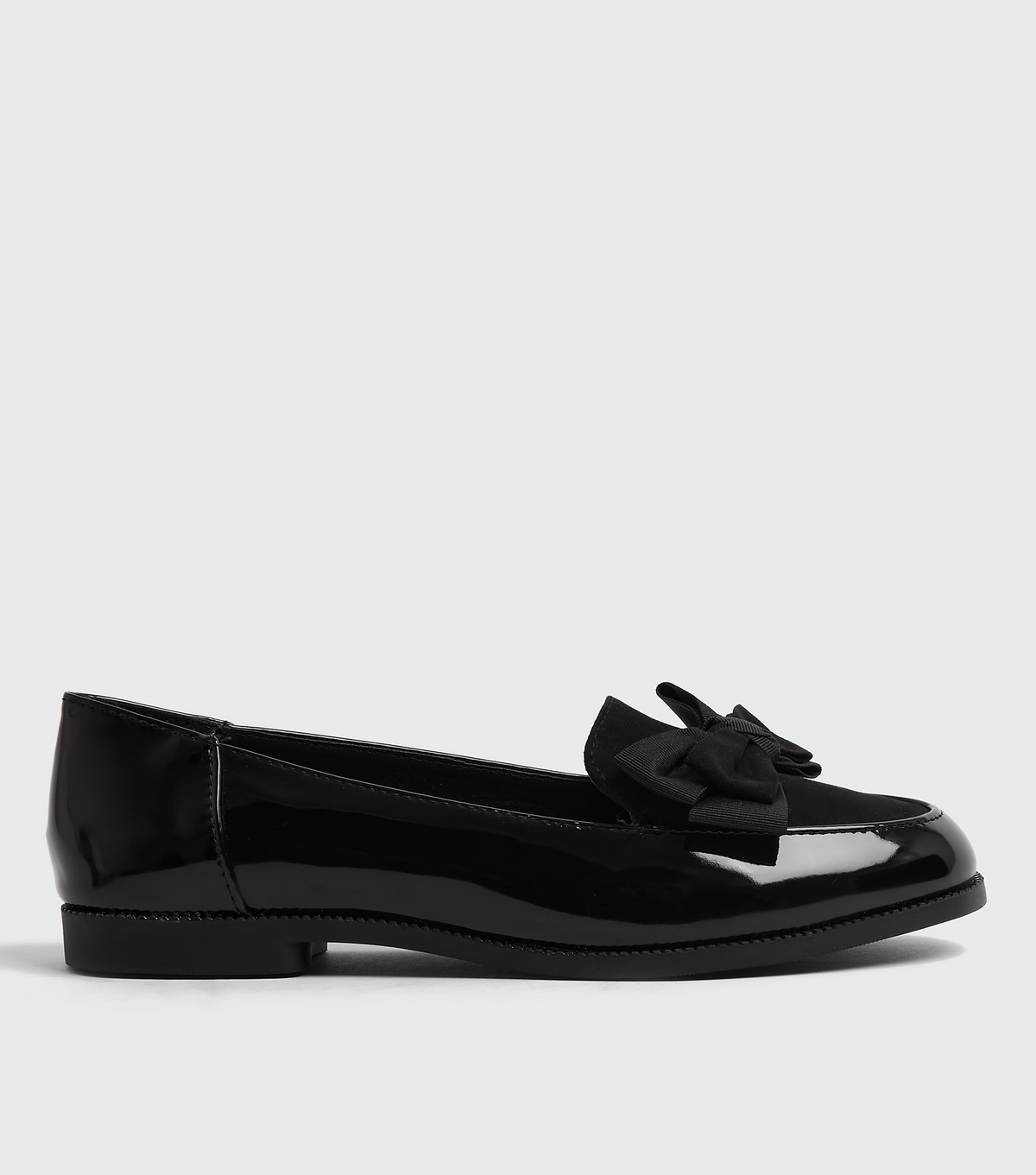 Women's Black Patent Bow Front Loafers Vegan New Look