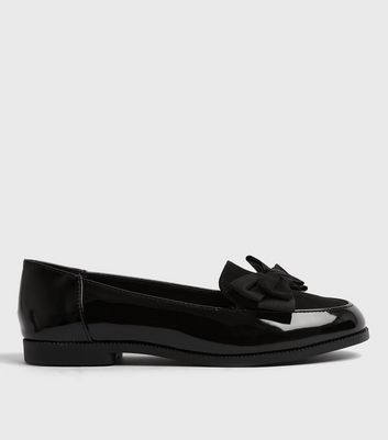 Black Patent Bow Front Loafers | New Look