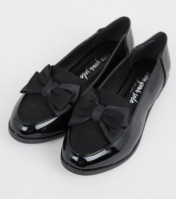 Image of Black Patent Bow Front Loafers New Look Vegan