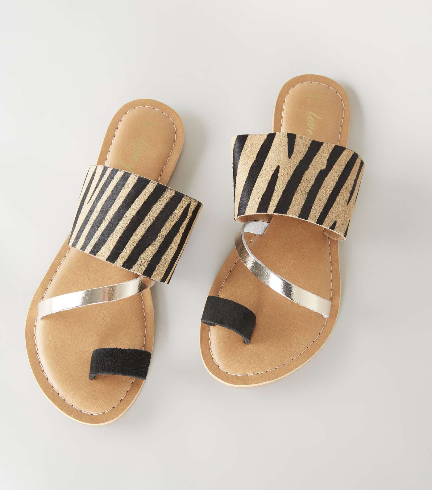 Brown Leather Faux Tiger Metallic Strap Sliders  Image 3