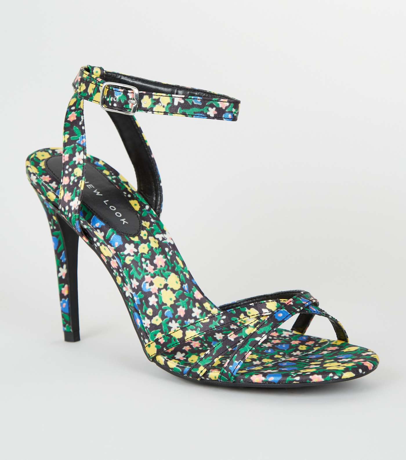 Multicoloured Satin Floral Strappy Stiletto Heels