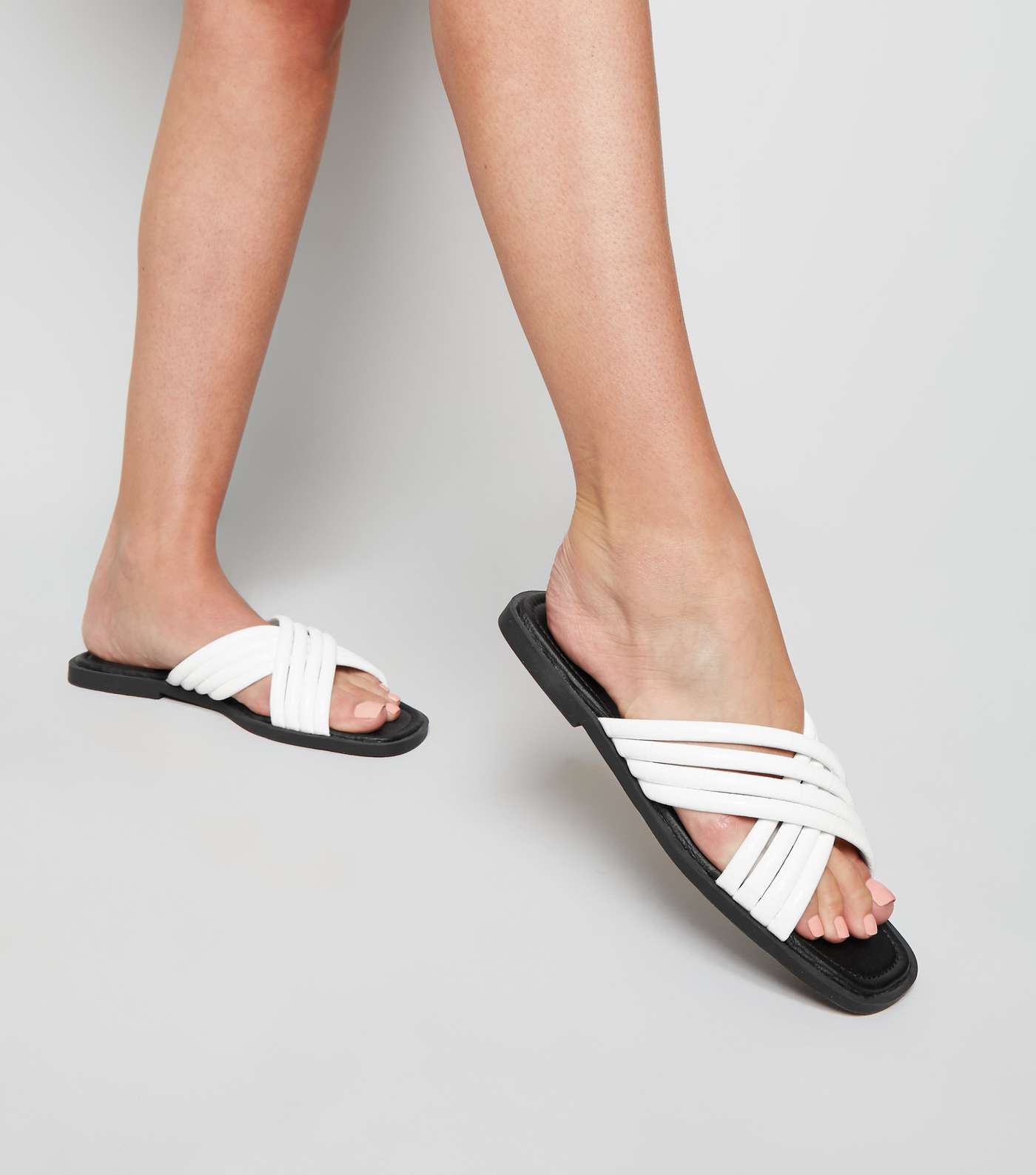 White Leather-Look Tube Cross Strap Sliders Image 2