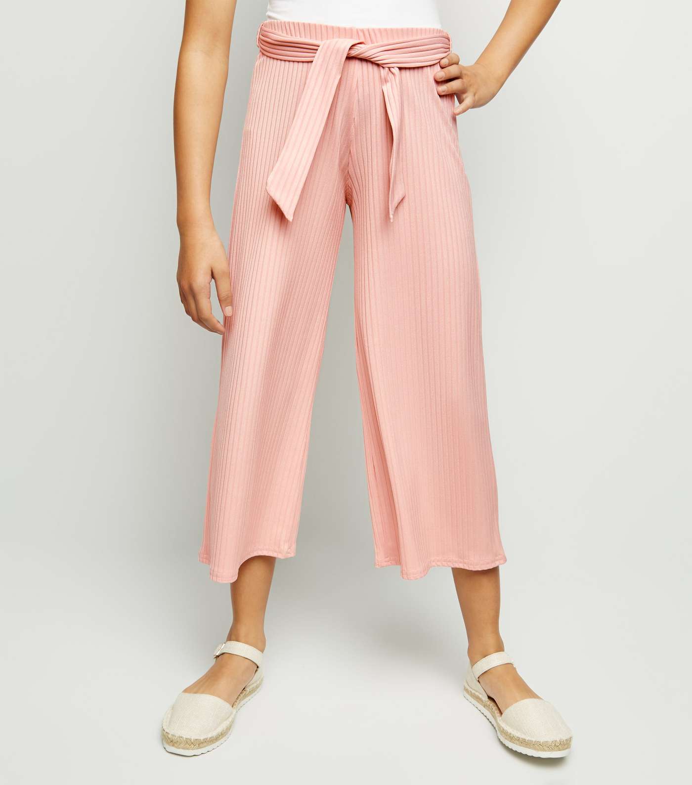 Girls Pale Pink Ribbed Culottes Image 2