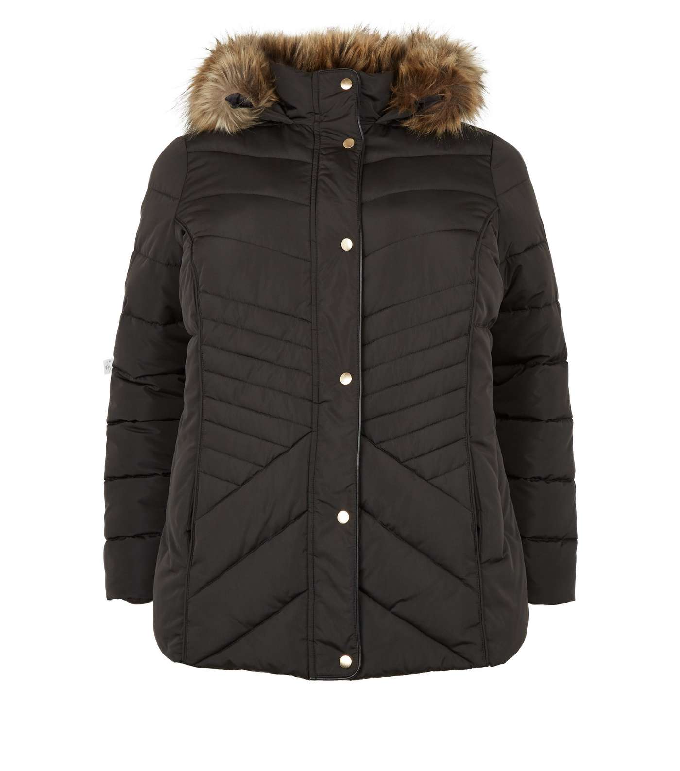 Curves Black Faux Fur Fitted Puffer Jacket Image 4