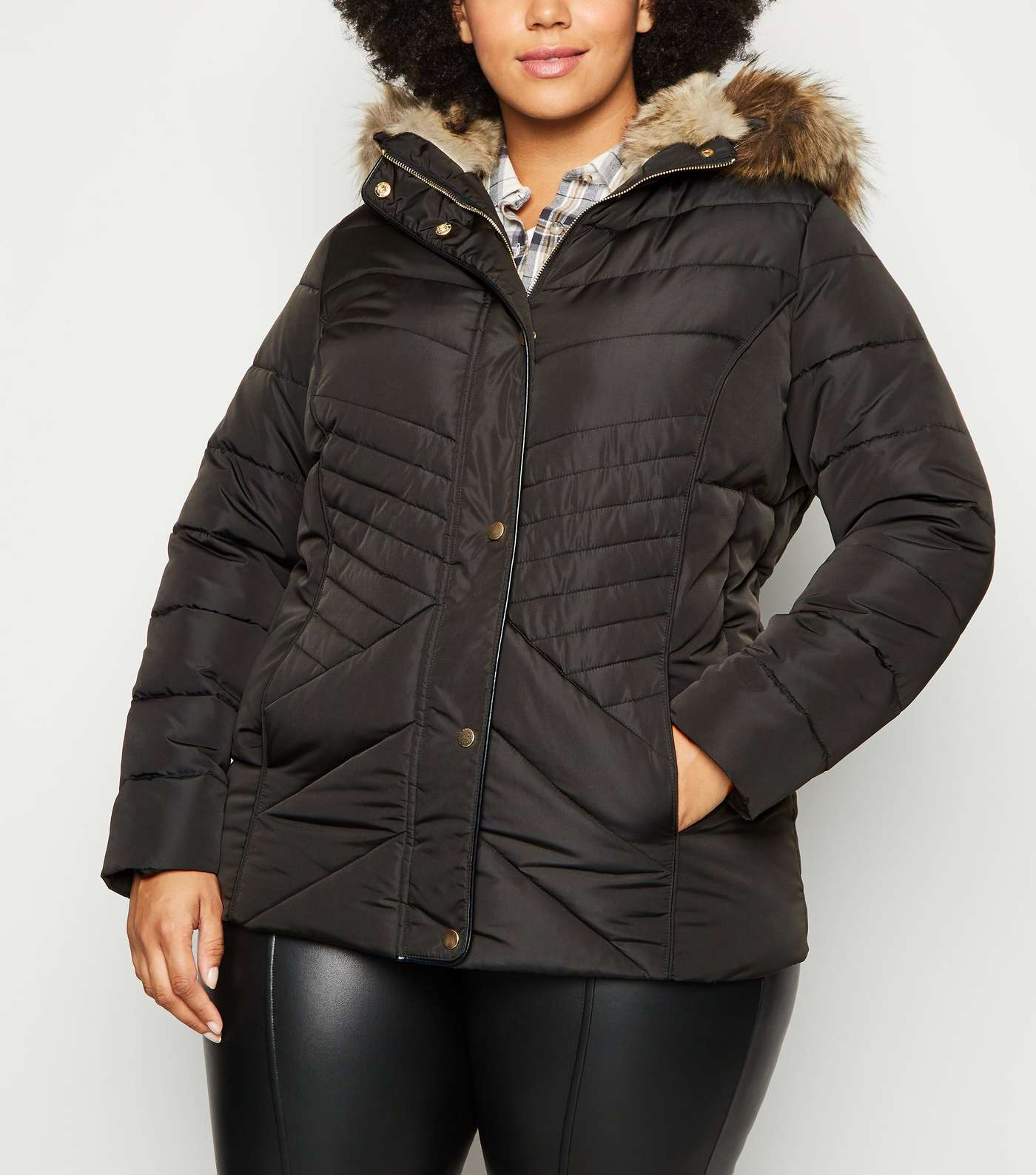 Curves Black Faux Fur Fitted Puffer Jacket Image 2