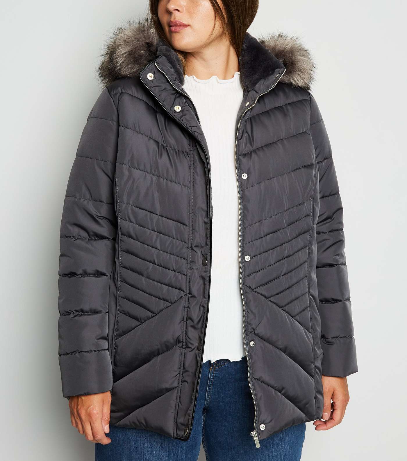 Curves Grey Faux Fur Fitted Puffer Jacket