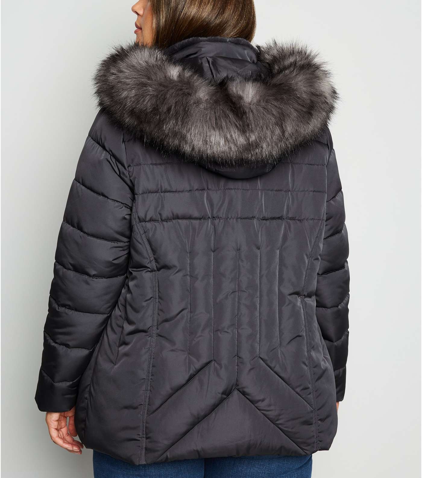 Curves Grey Faux Fur Fitted Puffer Jacket Image 3