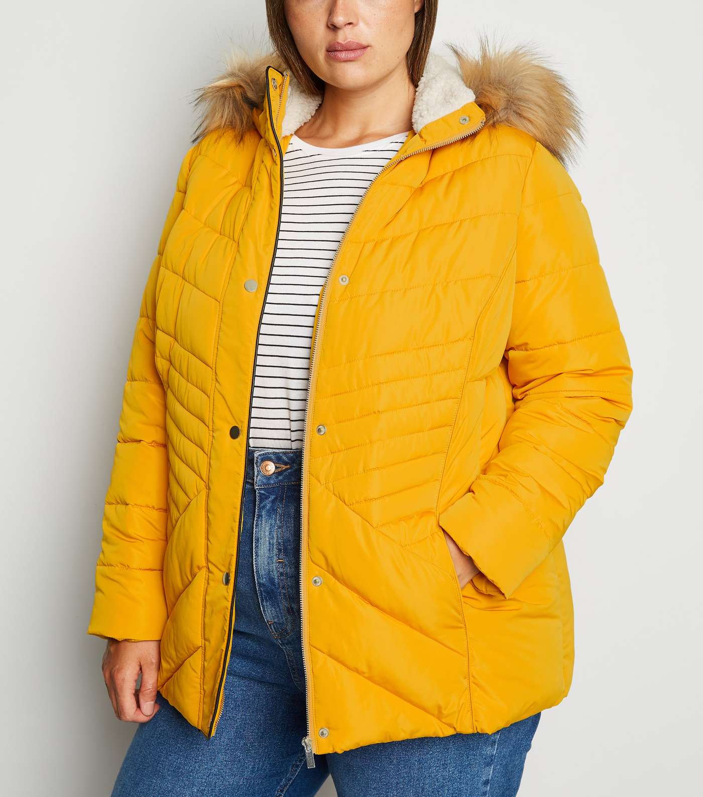 Curves Mustard Faux Fur Fitted Puffer Jacket