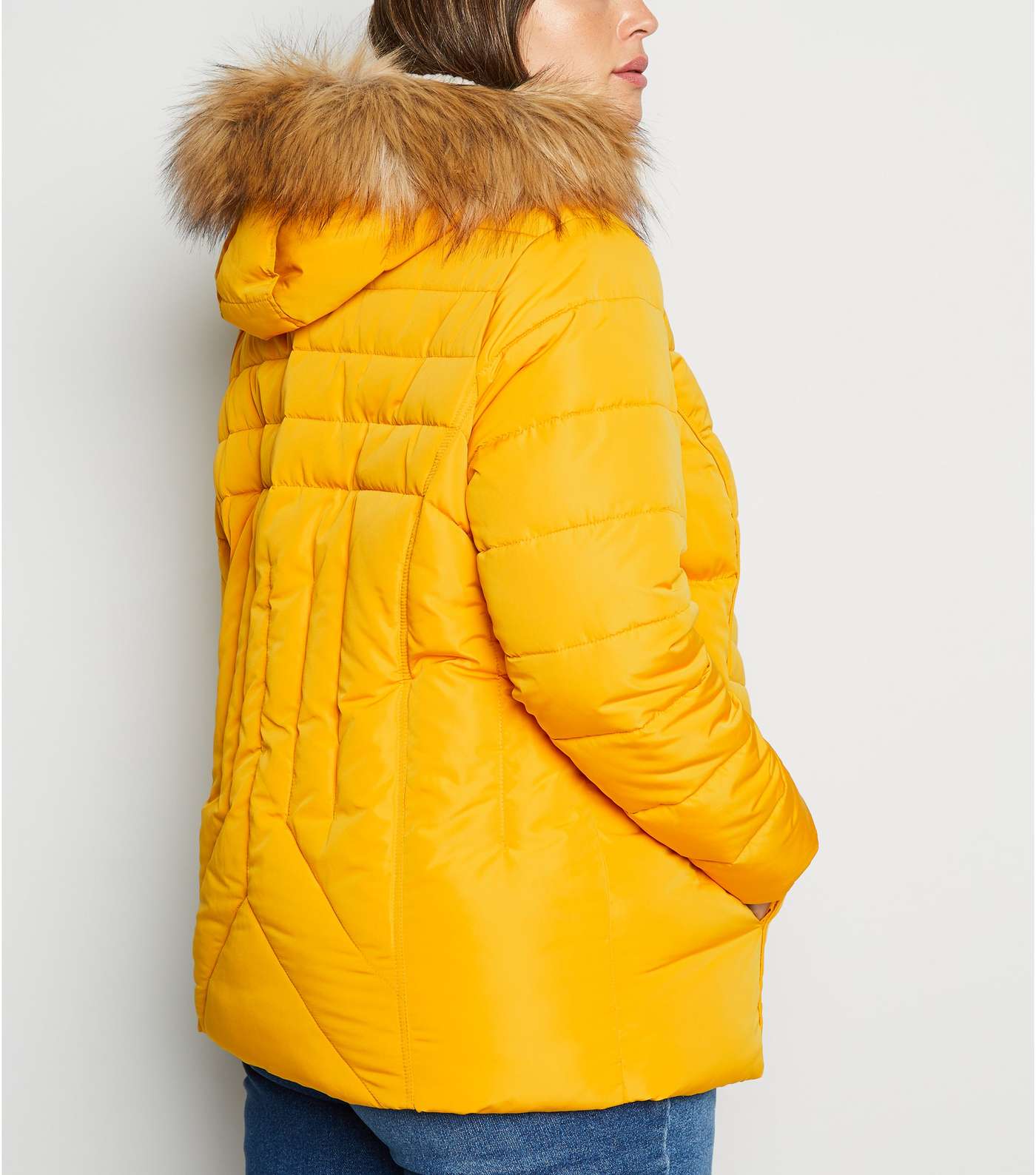 Curves Mustard Faux Fur Fitted Puffer Jacket Image 3