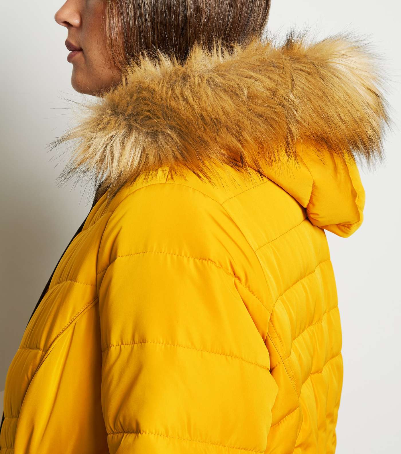 Curves Mustard Faux Fur Fitted Puffer Jacket Image 5