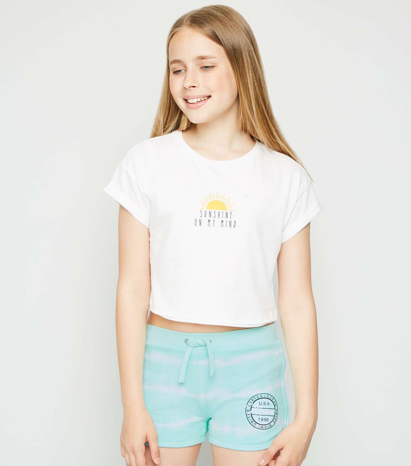 Girls Turquoise Tie Dye Miami Slogan Shorts Image 2