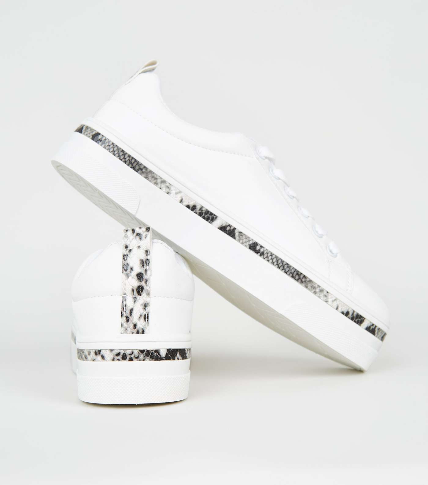 White Faux Snake Trim Lace Up Trainers Image 3