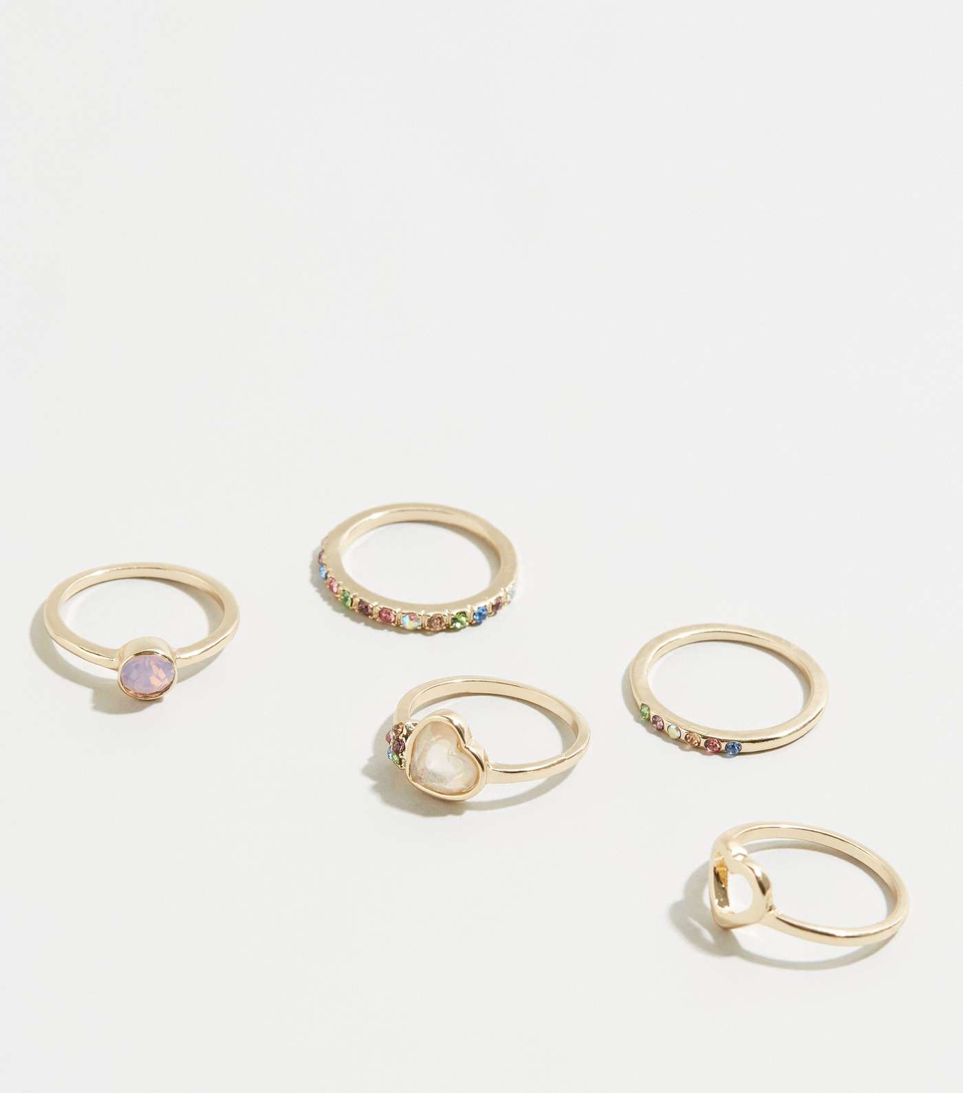 5 Pack Gold Heart Diamanté Rings