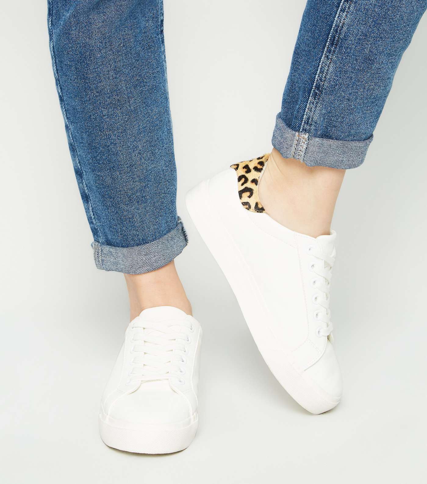 Girls White Leopard Print Leather Heel Trainers Image 2