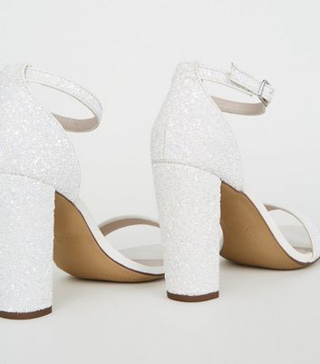 white sparkly block heels