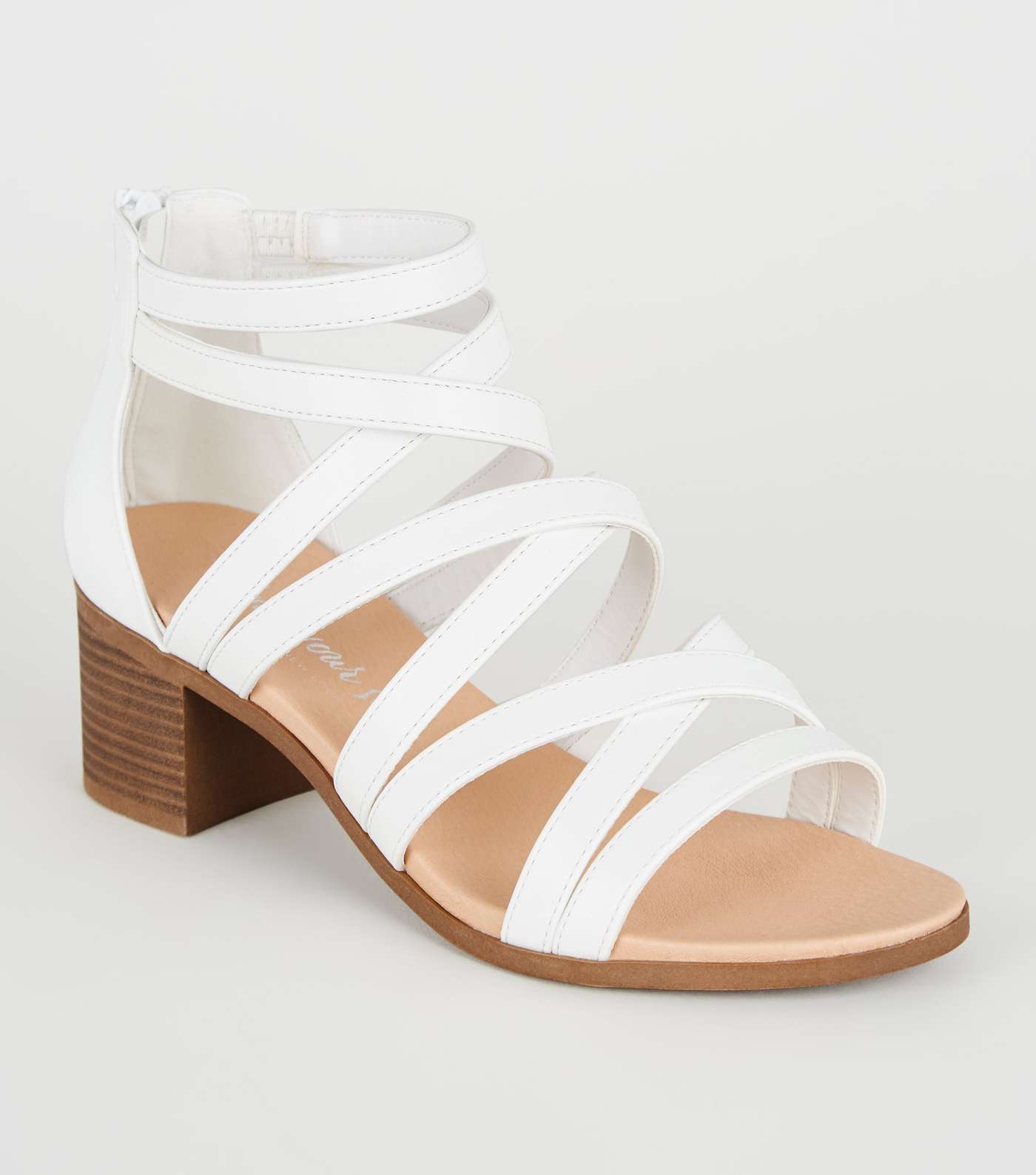 White Leather-Look Strappy Low Heel Sandals