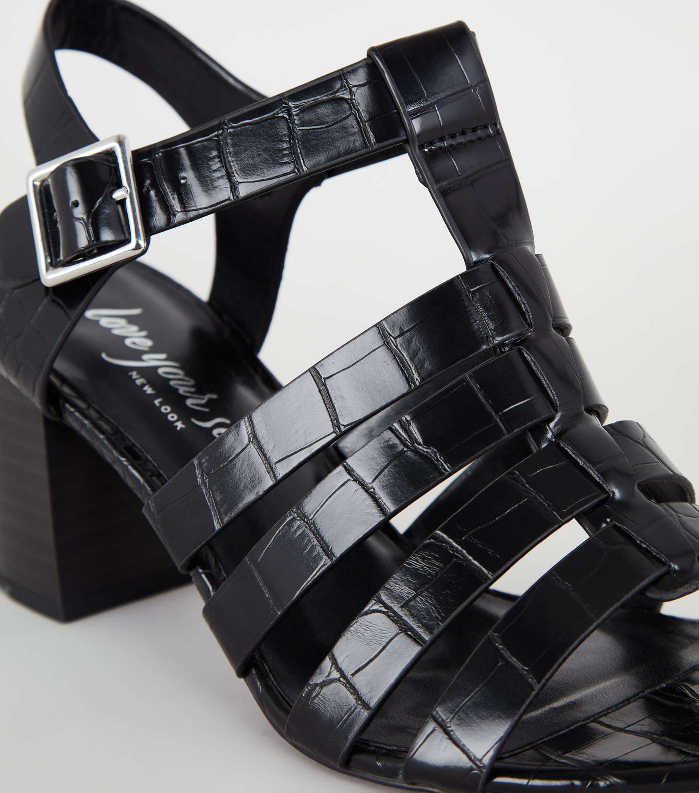 Black Faux Croc Caged Sandals Image 4