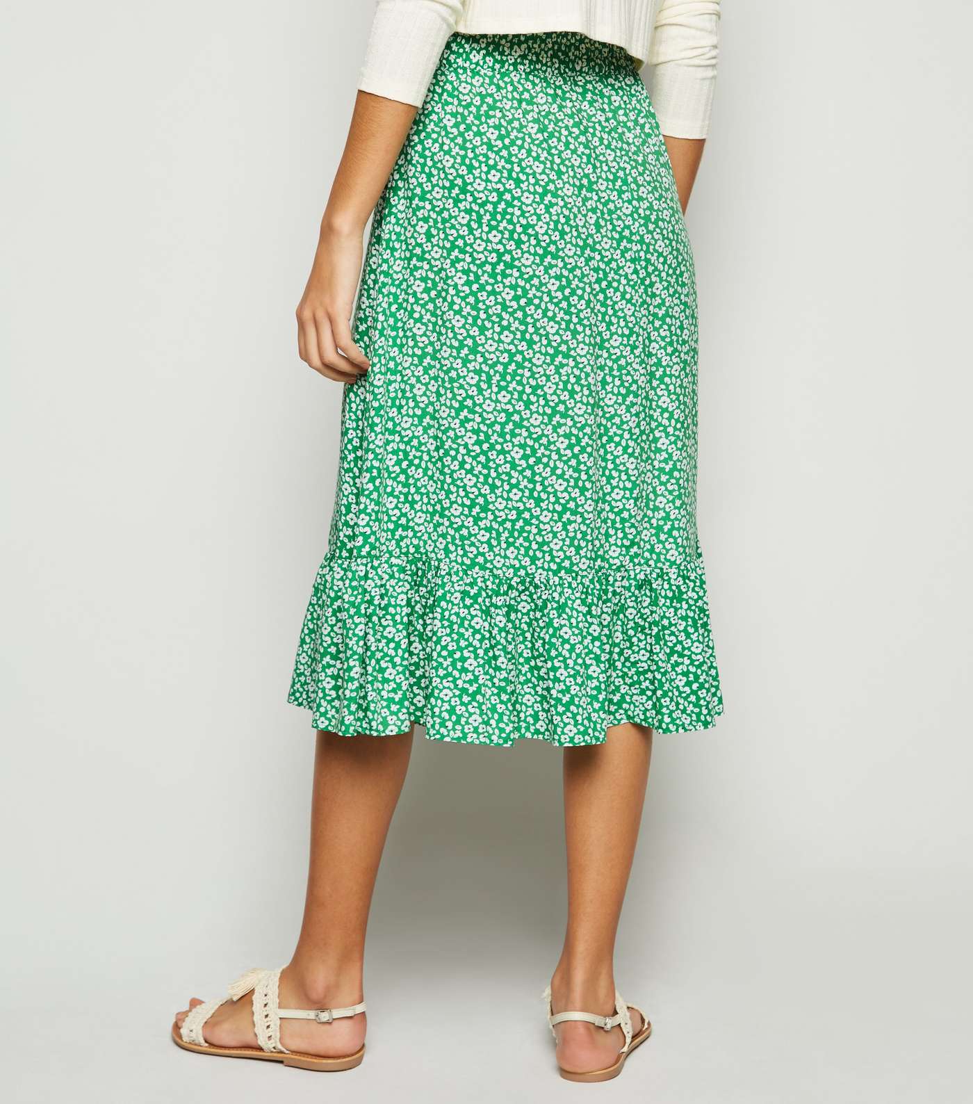 JDY Green Floral Frill Trim Midi Skirt Image 3
