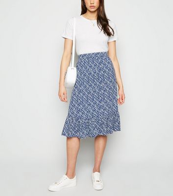 JDY Blue Floral Frill Trim Midi Skirt | New Look