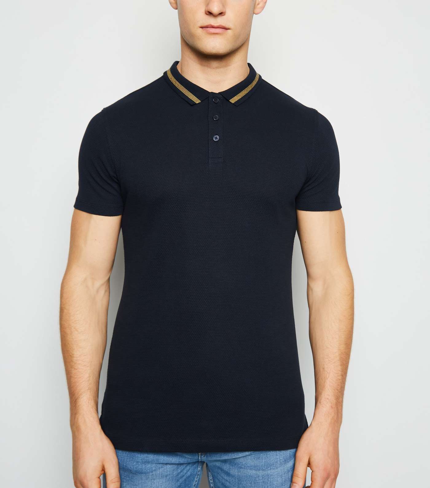 Navy Stripe Collar Muscle Fit Polo Shirt
