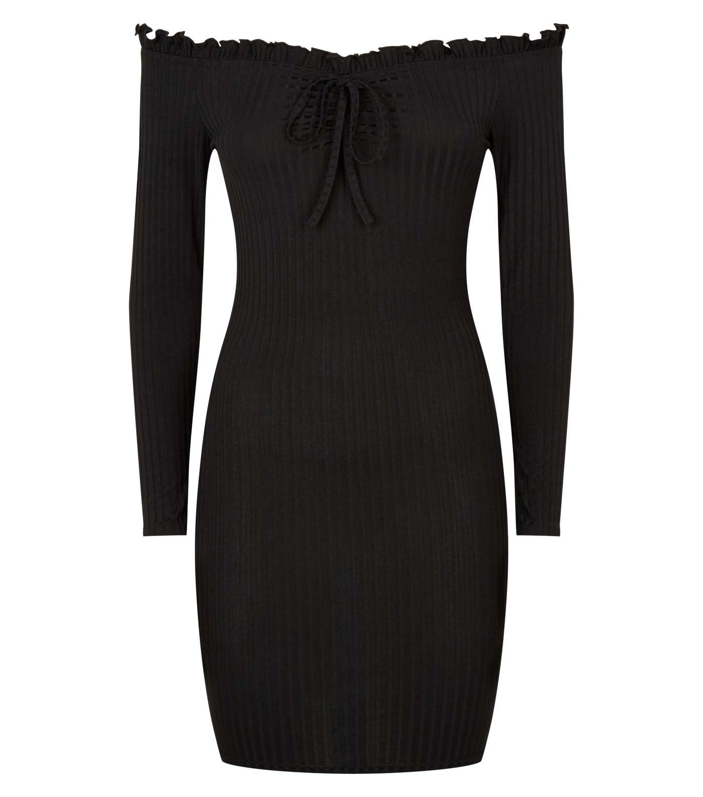 Black Ribbed Tie Bardot Bodycon Dress  Image 4