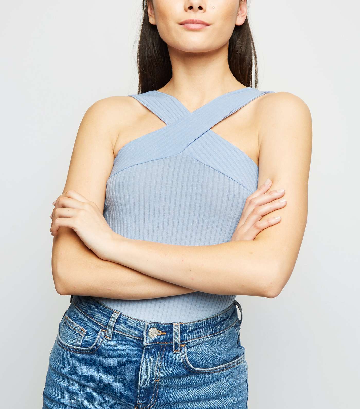 Pale Blue Ribbed Cross Front Bodysuit