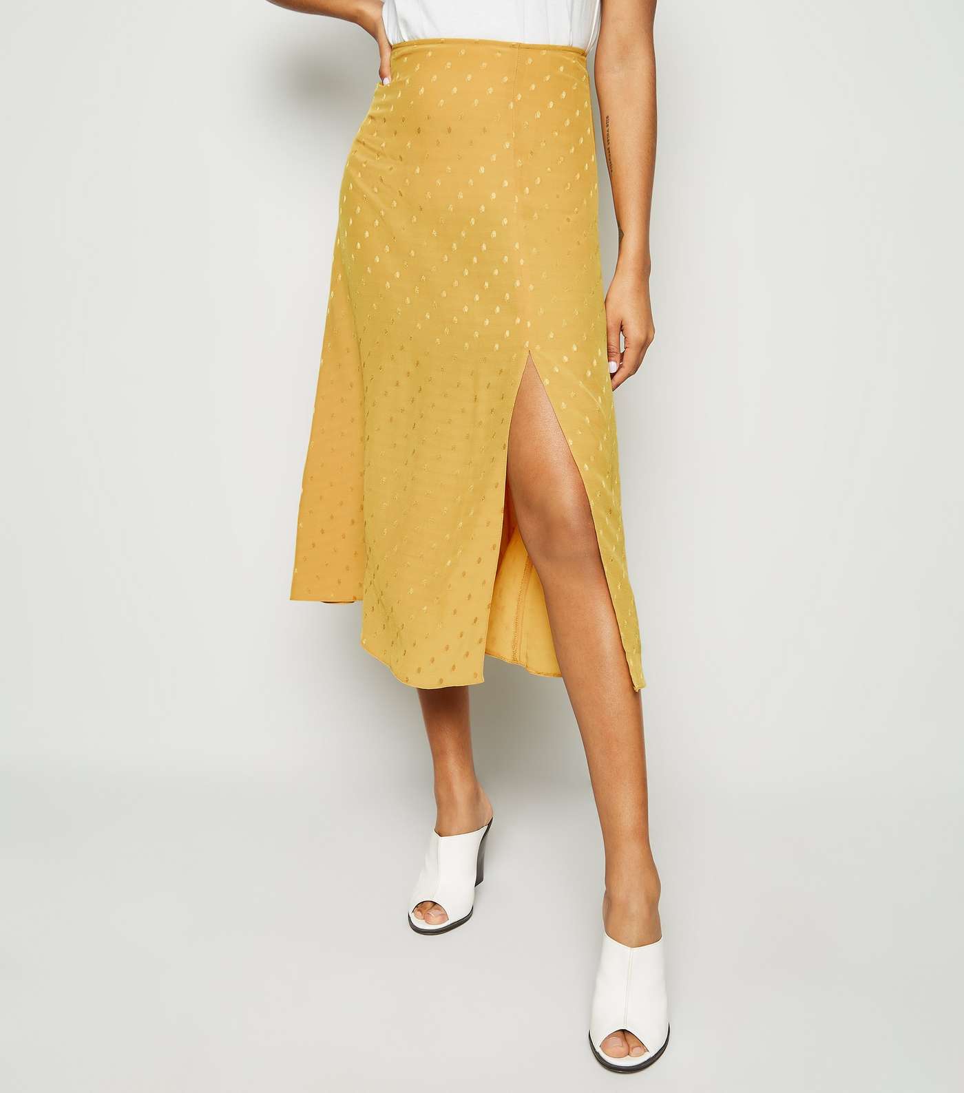 Mustard Spot Jacquard Side Split Midi Skirt Image 2